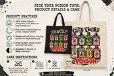 A canvas tote bag with a colorful poison bottle graphic and the words &