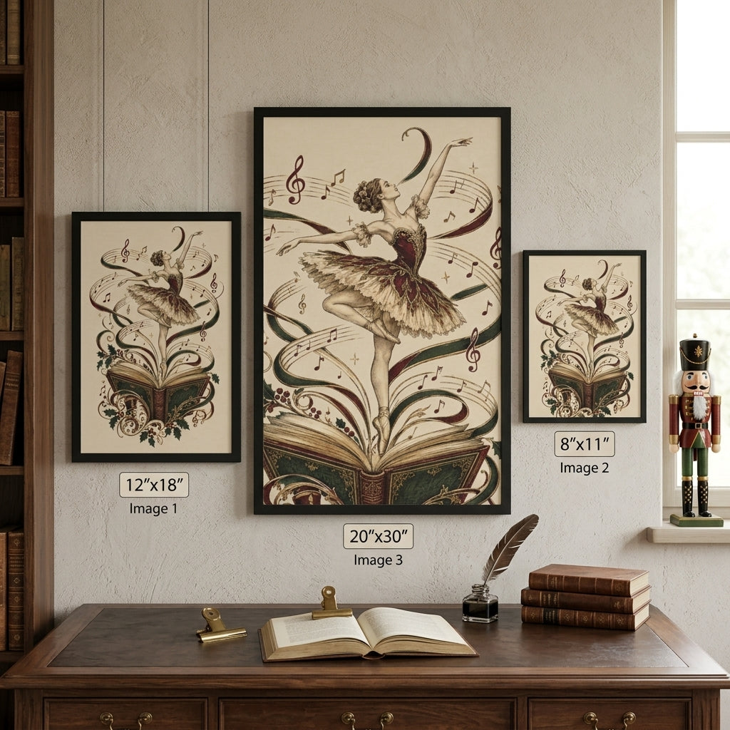Three framed ballet-themed art prints are displayed on a wall above a wooden desk in a styled room. The central print is the largest (20"x30") and reads &