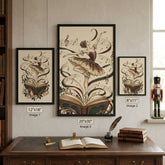 Three framed ballet-themed art prints are displayed on a wall above a wooden desk in a styled room. The central print is the largest (20"x30") and reads &