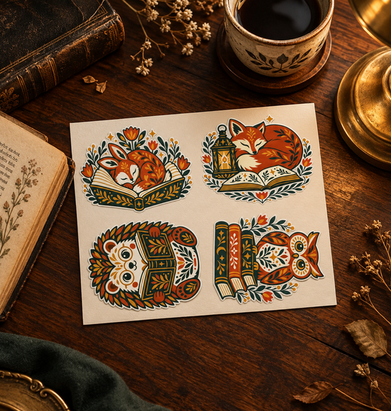 A sheet of four illustrated stickers or decals featuring stylized fox, owl, hedgehog, and book-themed woodland designs in warm orange, green, cream, and brown tones, placed on a wooden tabletop with books, a cup of dark liquid, and dried flowers around it.