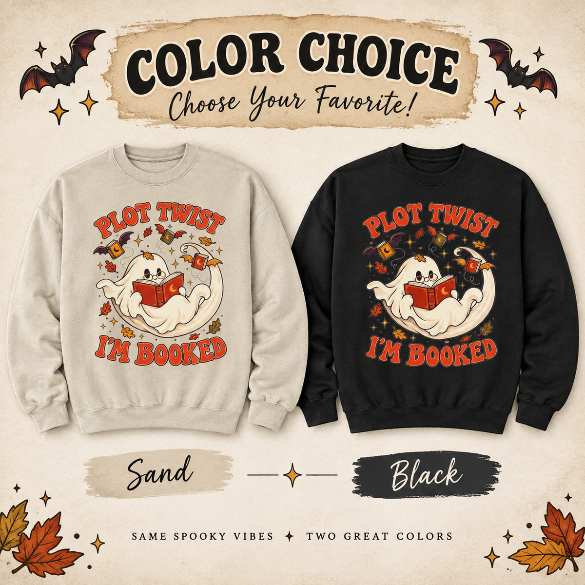 A color choice graphic showing two crewneck sweatshirts with a Halloween-themed ghost graphic and the text &