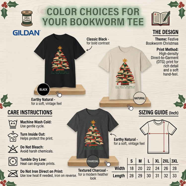 A Gildan bookworm tee color choice infographic showing black and natural heather fabric options with a Christmas tree graphic, care instructions, sizing guide, and design details on a light wood background.