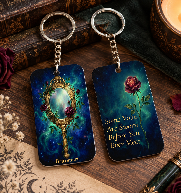 Britomart keychain with a gold mirror on one side and a rose with the text &