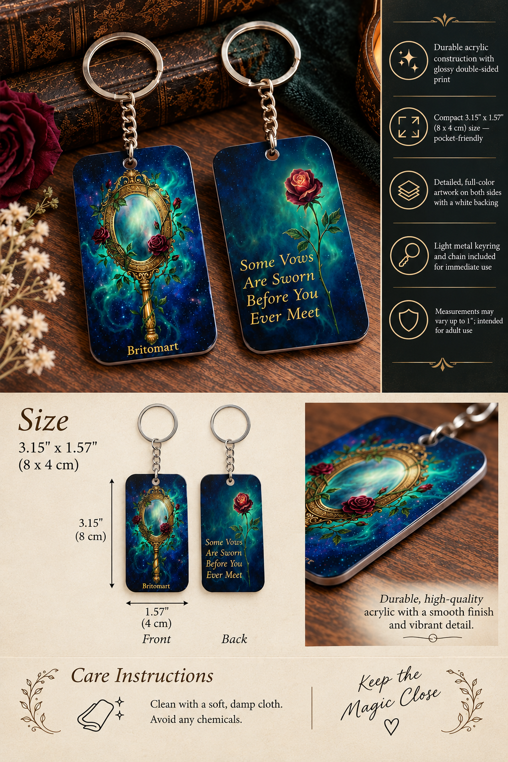 Product and care graphic for a Britomart keychain