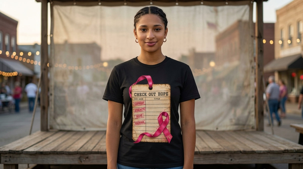 A woman stands outdoors wearing a black graphic T-shirt with a pink ribbon and a checklist design that reads &