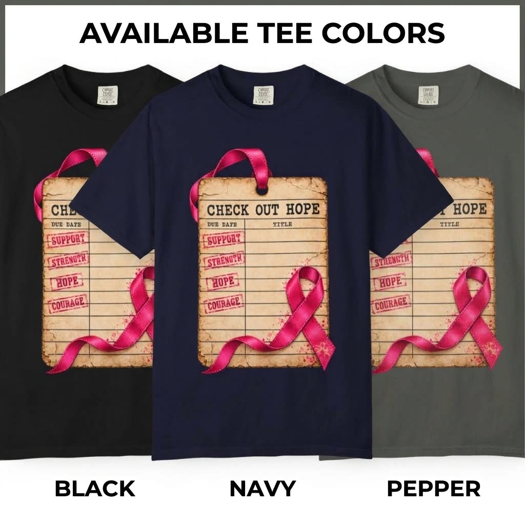 Three short-sleeve T-shirts shown side by side labeled Black, Navy, and Pepper, with the center navy shirt featured prominently. The shirts display a large front graphic of a clipboard reading &
