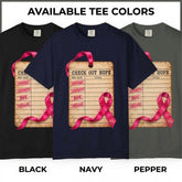 Three short-sleeve T-shirts shown side by side labeled Black, Navy, and Pepper, with the center navy shirt featured prominently. The shirts display a large front graphic of a clipboard reading &