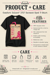 A product and care infographic for a Comfort Colors 1717 garment-dyed T-shirt. The layout features a black T-shirt on the left with a pink ribbon and &