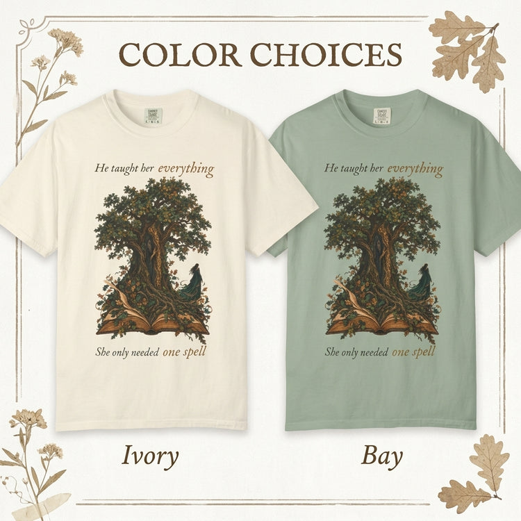 Color options display for a graphic t-shirt featuring an illustration of an old tree with a bird and the text &