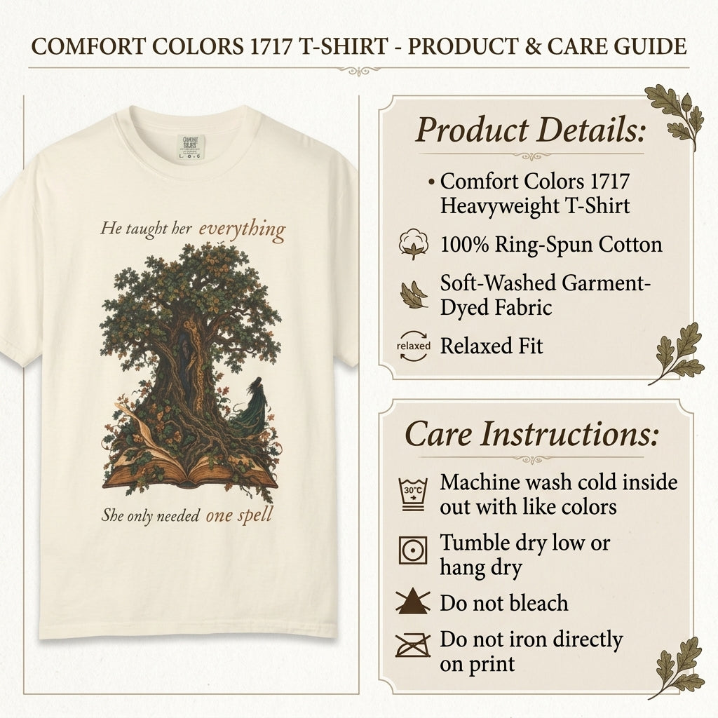 An informational product graphic for a Comfort Colors 1717 T-shirt. The left side shows a cream-colored T-shirt with a large vintage-style illustration of an open book and tree, with the text &