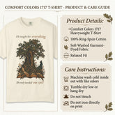 An informational product graphic for a Comfort Colors 1717 T-shirt. The left side shows a cream-colored T-shirt with a large vintage-style illustration of an open book and tree, with the text &
