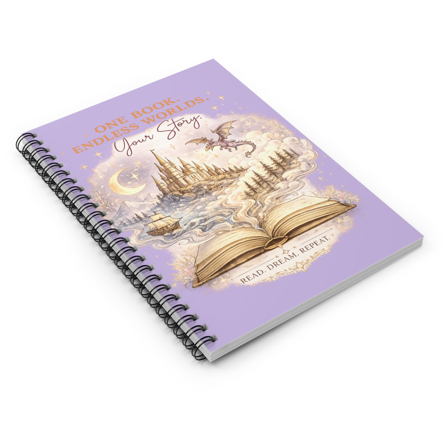 Kawaii Fantasy Book Lover Spiral Notebook | One Book Endless Worlds Spiral Notebook for Book Lovers - Dogear Dreams