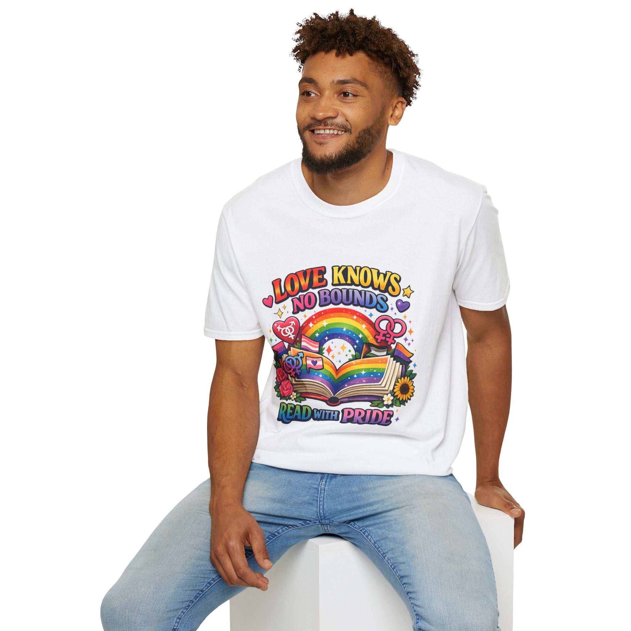 LGBTQ+ book lover tee with rainbow book, pride symbols, and "Love Knows No Bounds, Read With Pride" text.
