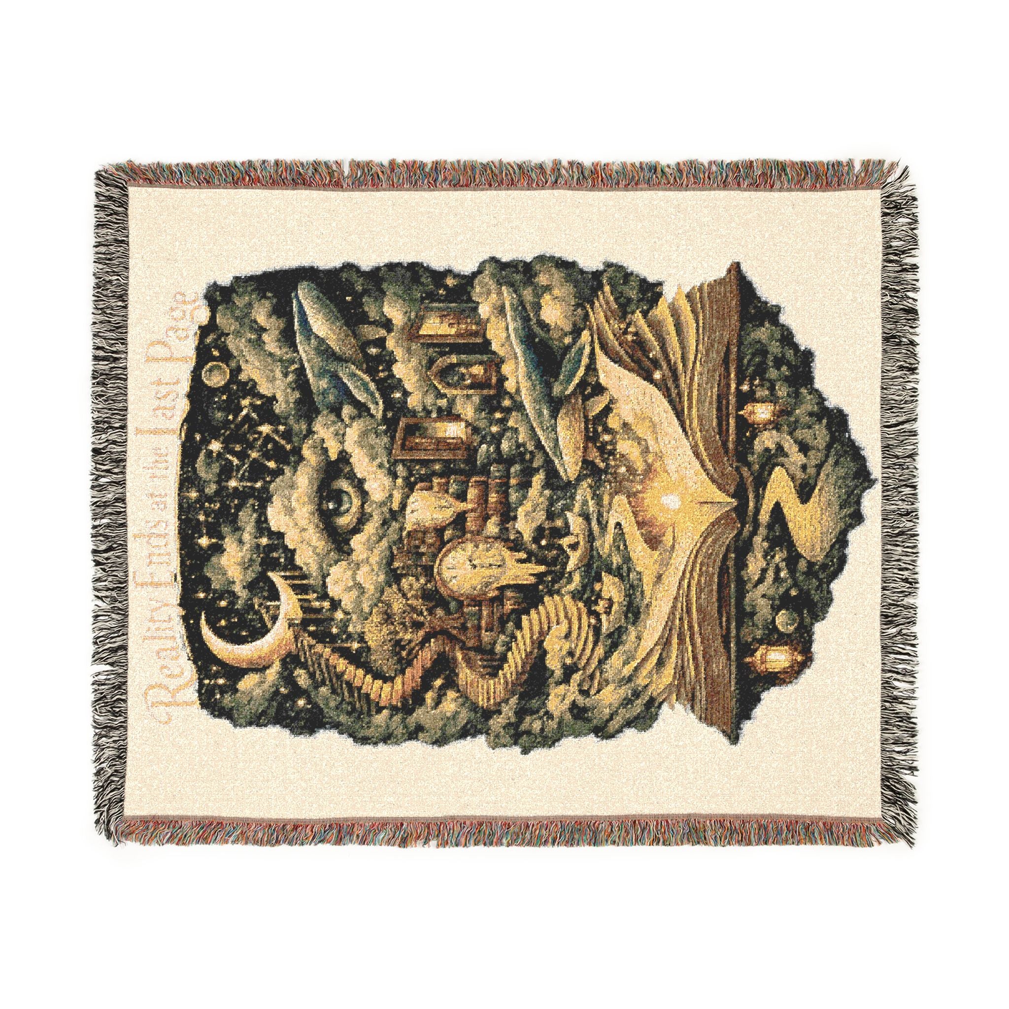 Reality Ends at the Last Page Woven Throw Blanket | Surreal Book Lover Blanket with Celestial Whales and Dreamscape Art