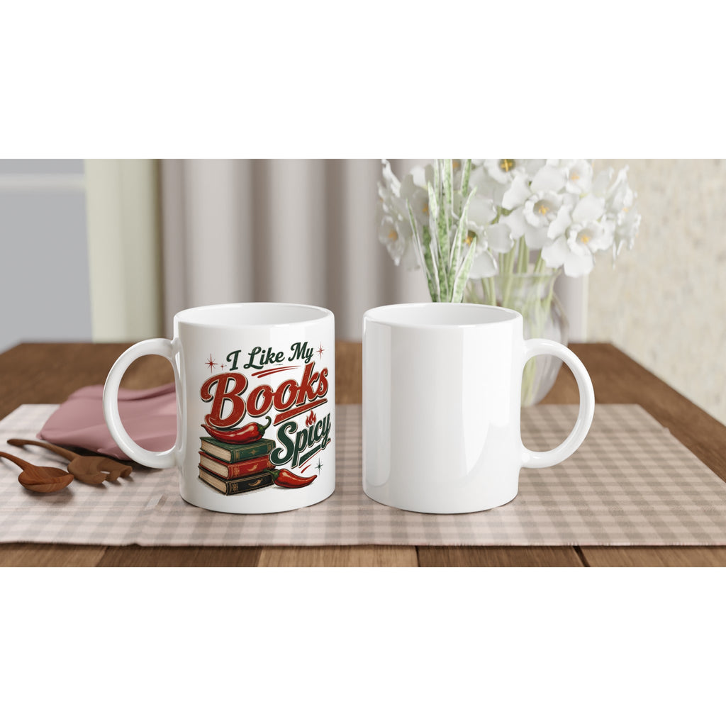 I Like My Books Spicy mug with chili peppers and books, perfect for romance readers and BookTok fans.