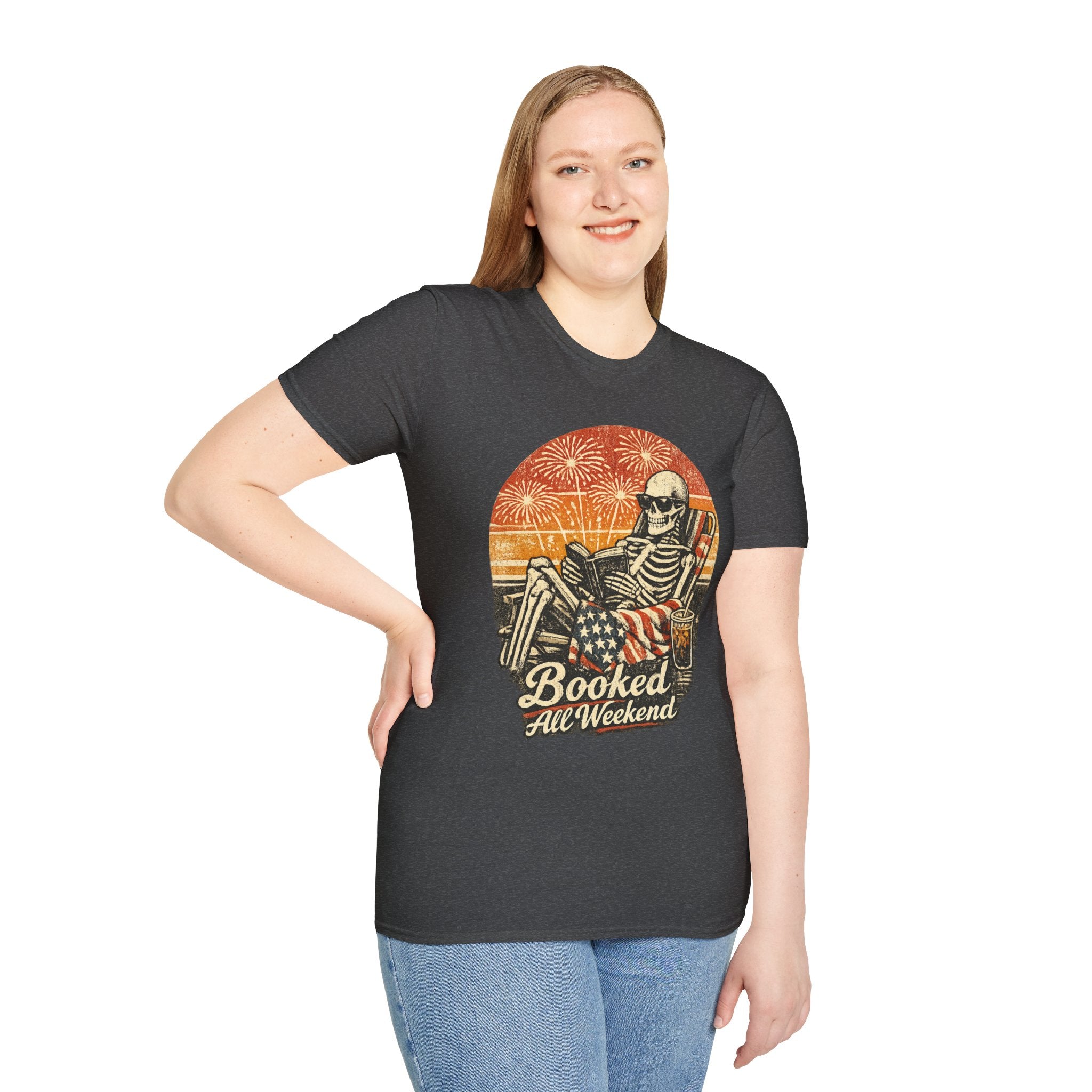 Booked All Weekend Skeleton Reader Shirt | Vintage Gothic 4th of July Tee | Patriotic Book Lover Skeleton T-Shirt