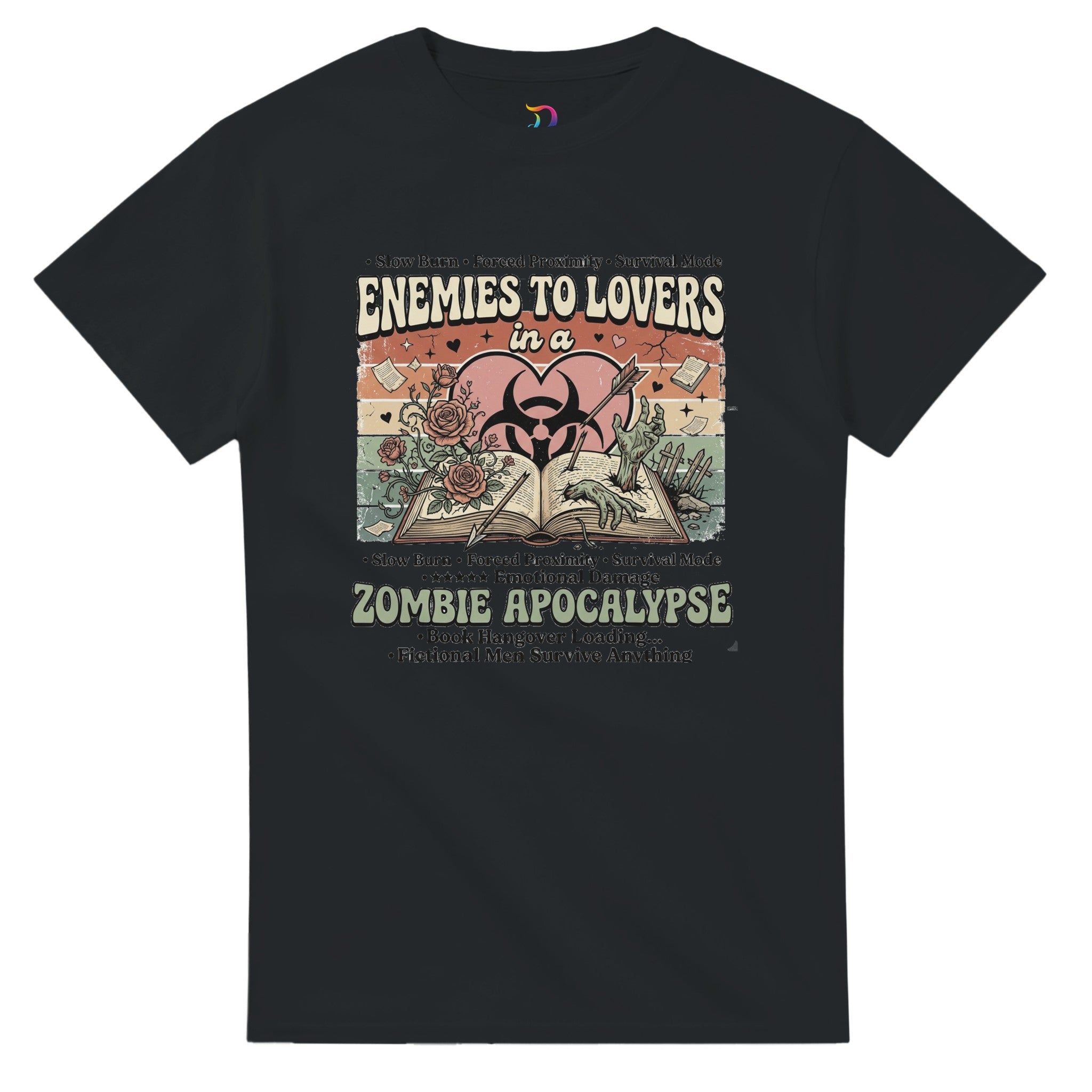Enemies to Lovers Zombie Apocalypse bookish graphic t-shirt for romance readers, BookTok fans, and lovers of quirky fiction.