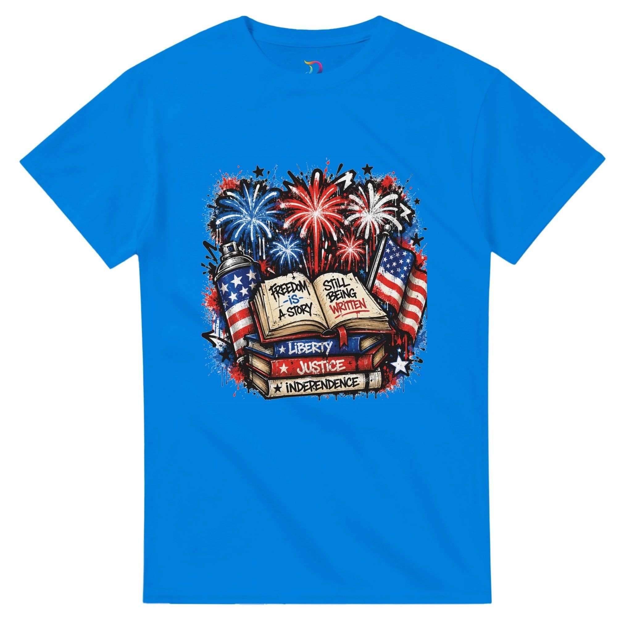 Freedom Is a Story Still Being Written T-Shirt | Patriotic Book Lover Graphic Tee | Graffiti Fireworks Reader Shirt