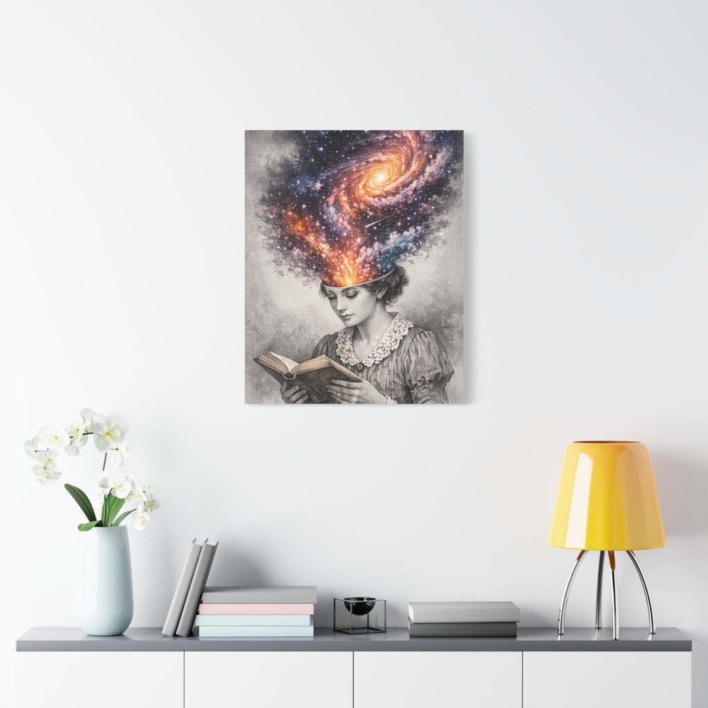 Canvas art of a vintage reader with a glowing galaxy and stars swirling from her mind above an open book.