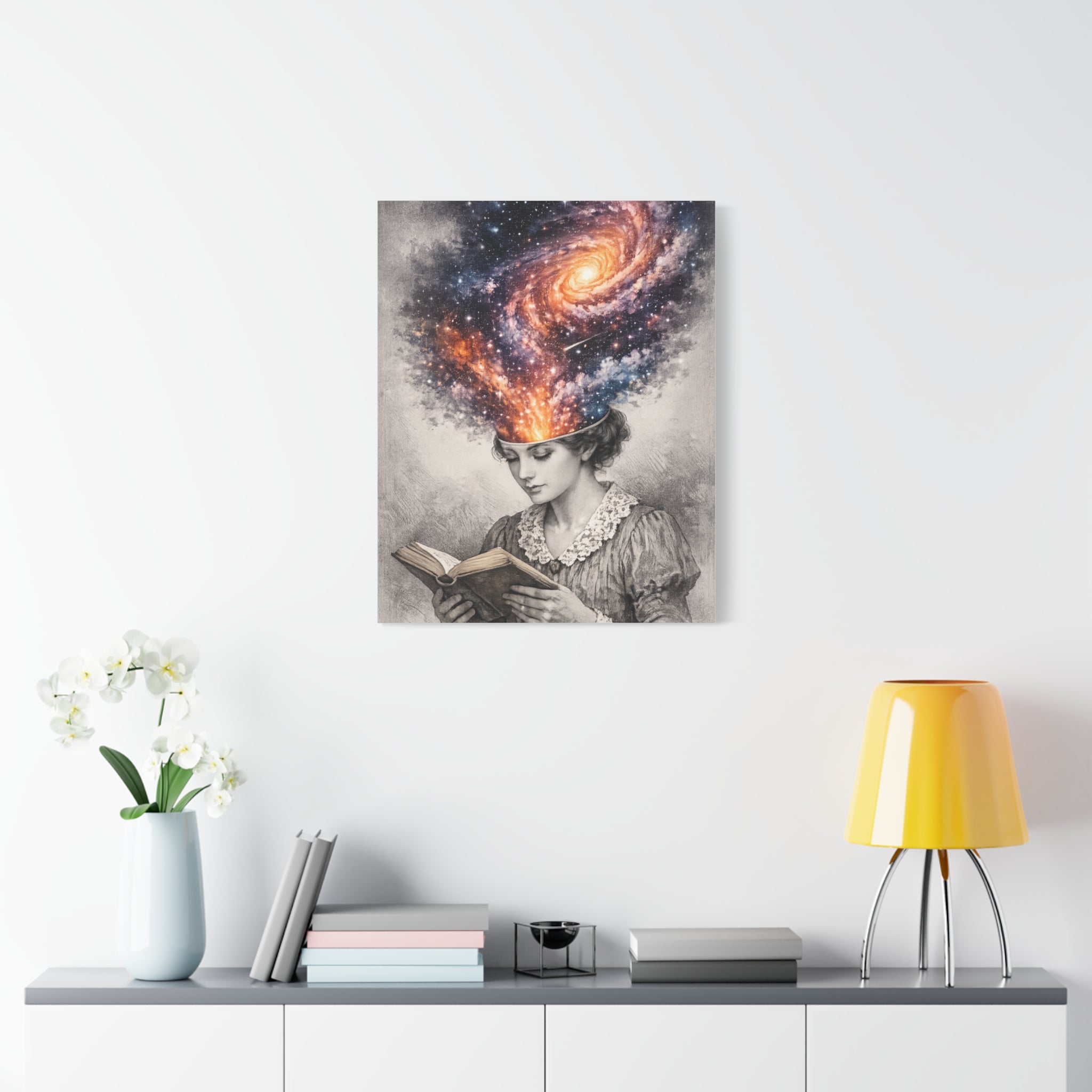 Canvas art of a vintage reader with a glowing galaxy and stars swirling from her mind above an open book.