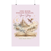 One Book Endless Worlds Fantasy Wall Art | Book Lover Poster | Magical Castle & Dragon Print | Reading Nook Decor | Bookish Gift - Dogear Dreams