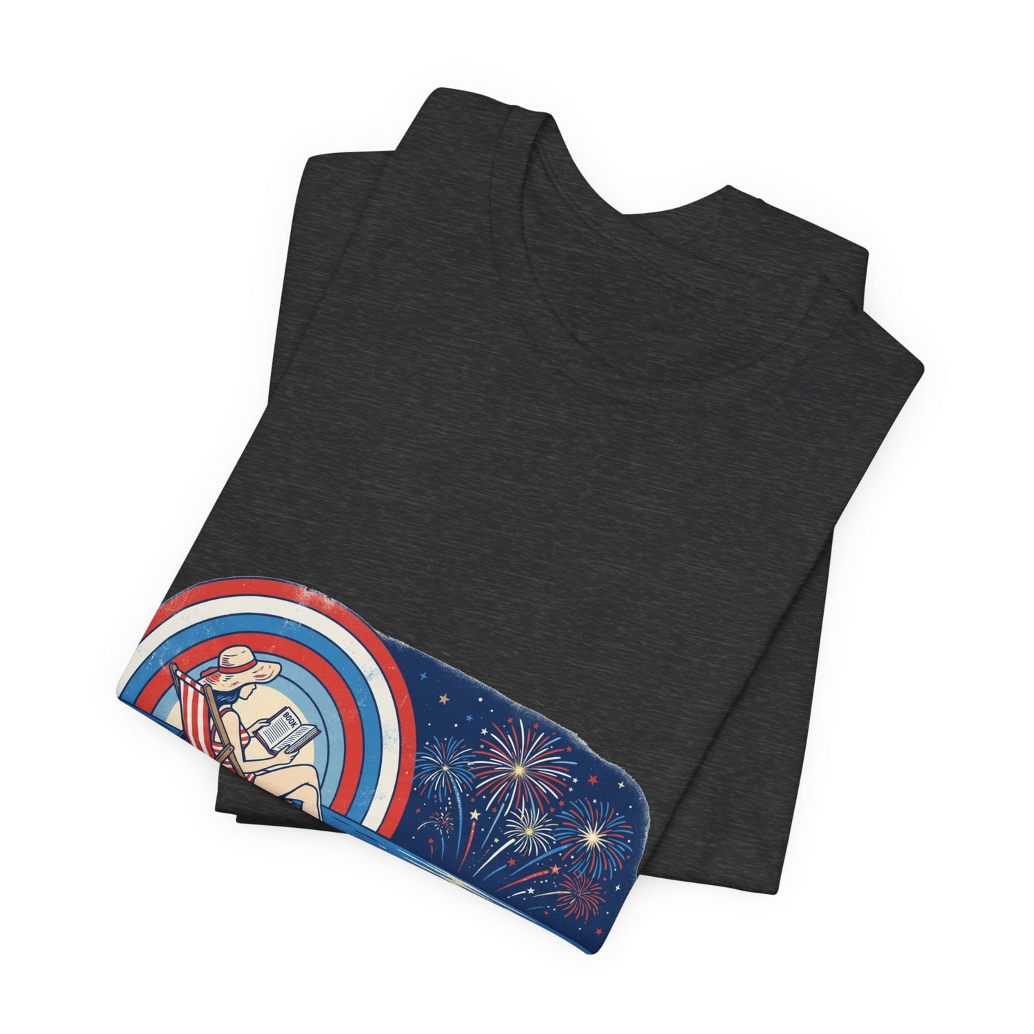 Dark gray t-shirt with a colorful graphic on a white background