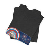 Dark gray t-shirt with a colorful graphic on a white background