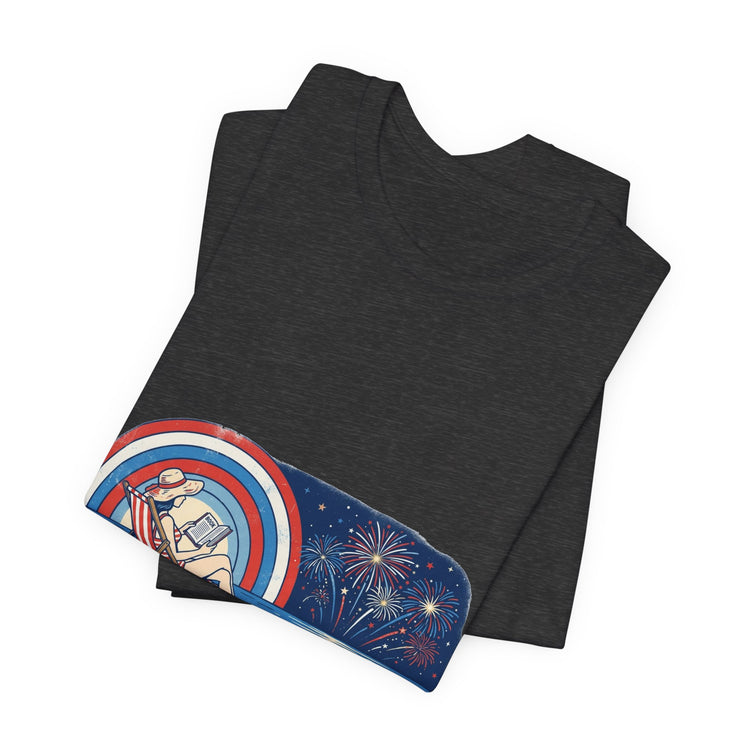 Dark gray t-shirt with a colorful graphic on a white background