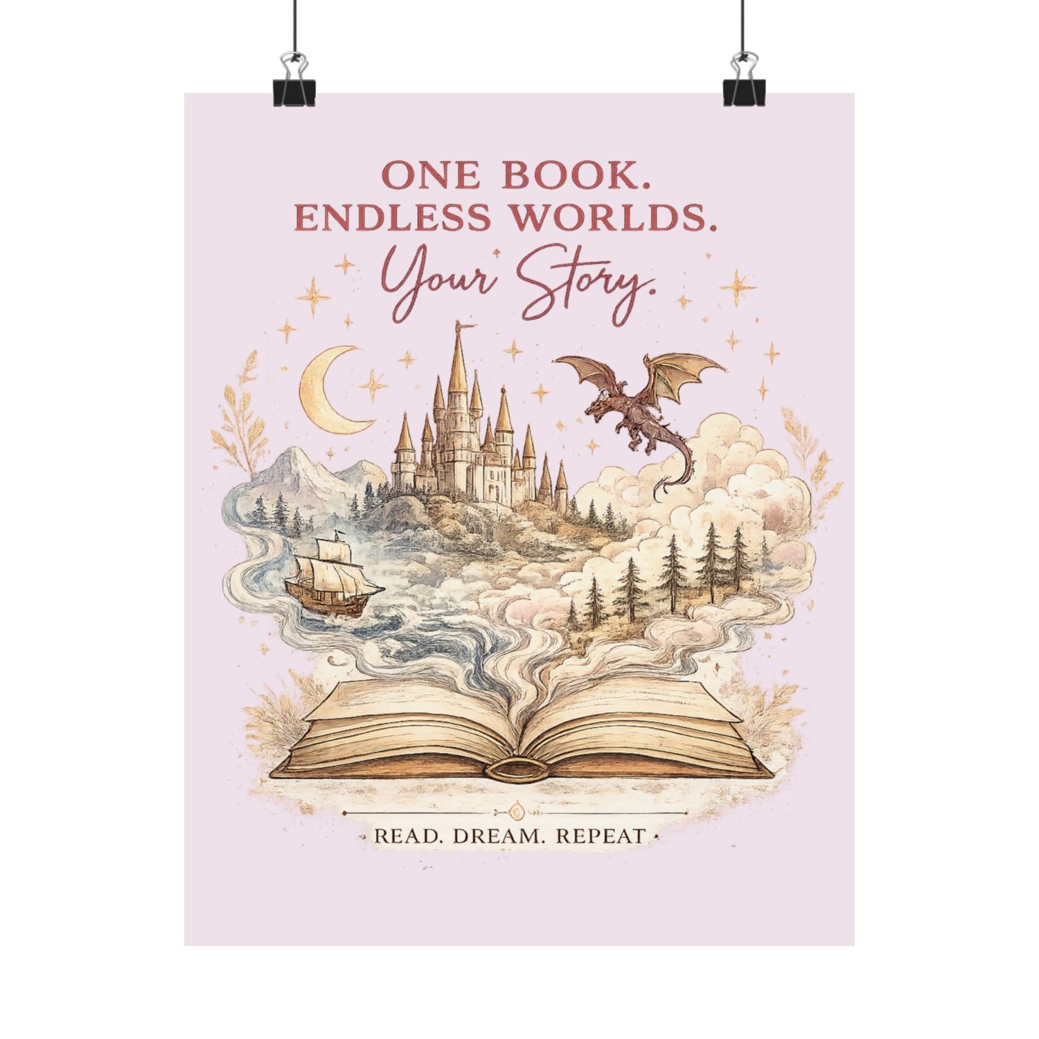 One Book Endless Worlds Fantasy Wall Art | Book Lover Poster | Magical Castle & Dragon Print | Reading Nook Decor | Bookish Gift - Dogear Dreams