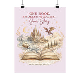 One Book Endless Worlds Fantasy Wall Art | Book Lover Poster | Magical Castle & Dragon Print | Reading Nook Decor | Bookish Gift - Dogear Dreams