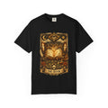 Black t-shirt with gold graphic design featuring an open book and various symbols on a white background.