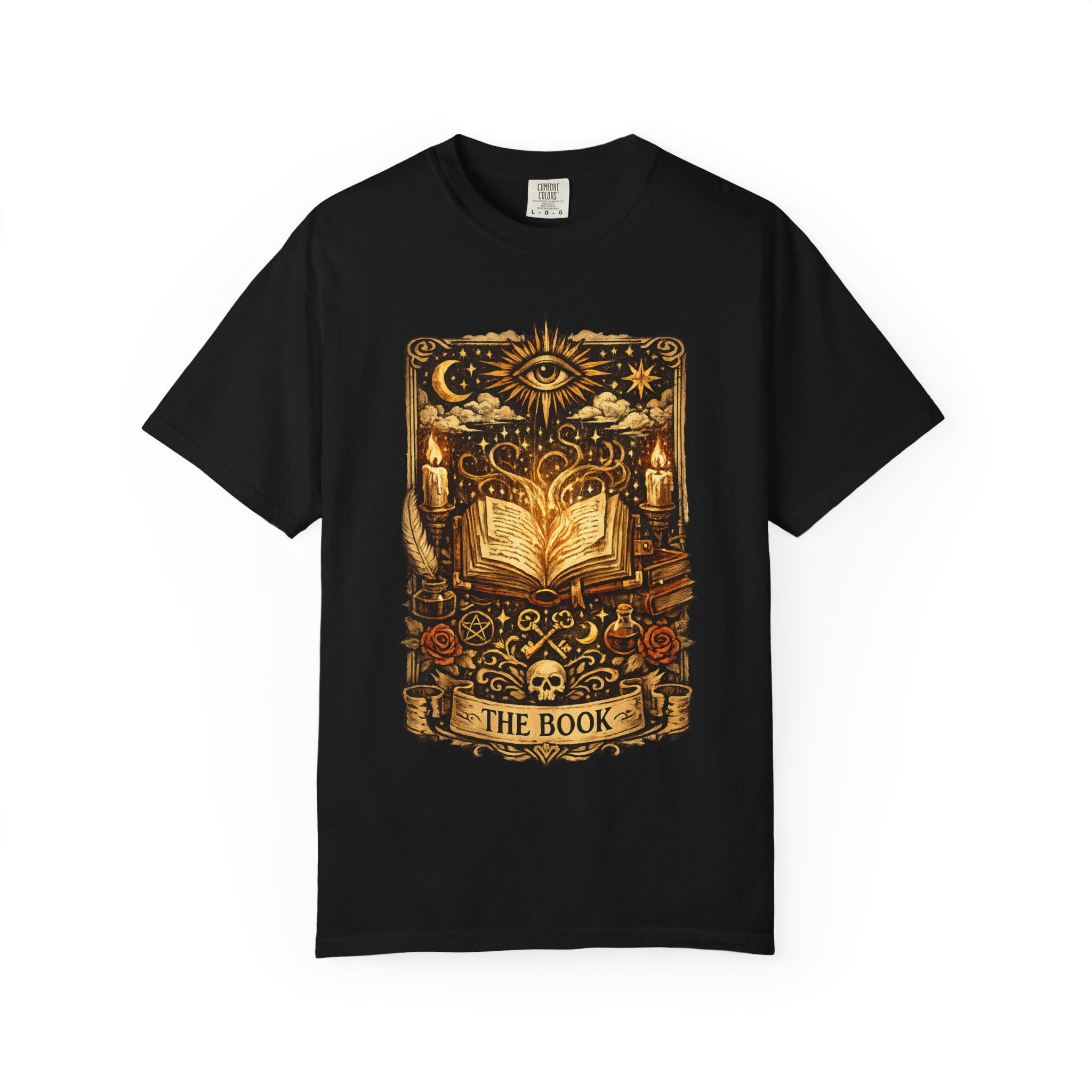 Black t-shirt with gold graphic design featuring an open book and various symbols on a white background.
