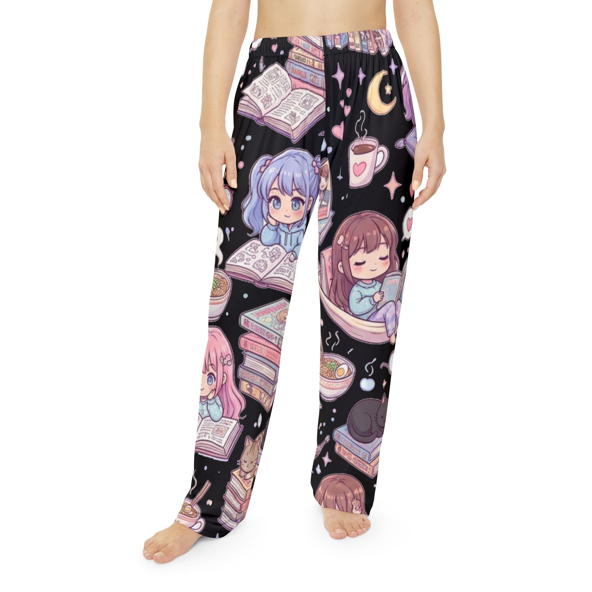 Kawaii Reading Night Pajama Pants — Women's Cozy Anime Lounge Sleepwear