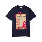 A navy blue short-sleeve crewneck t-shirt featuring a graphic print of a vintage &