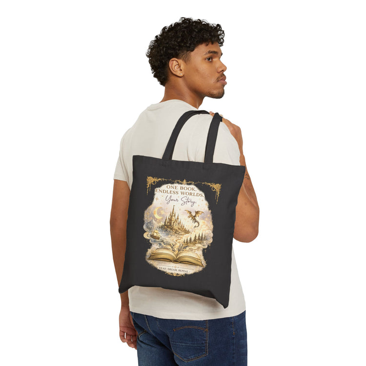 Fantasy Luxe Book Lover Tote Bag | One Book Endless Worlds Library Canvas Tote - Dogear Dreams