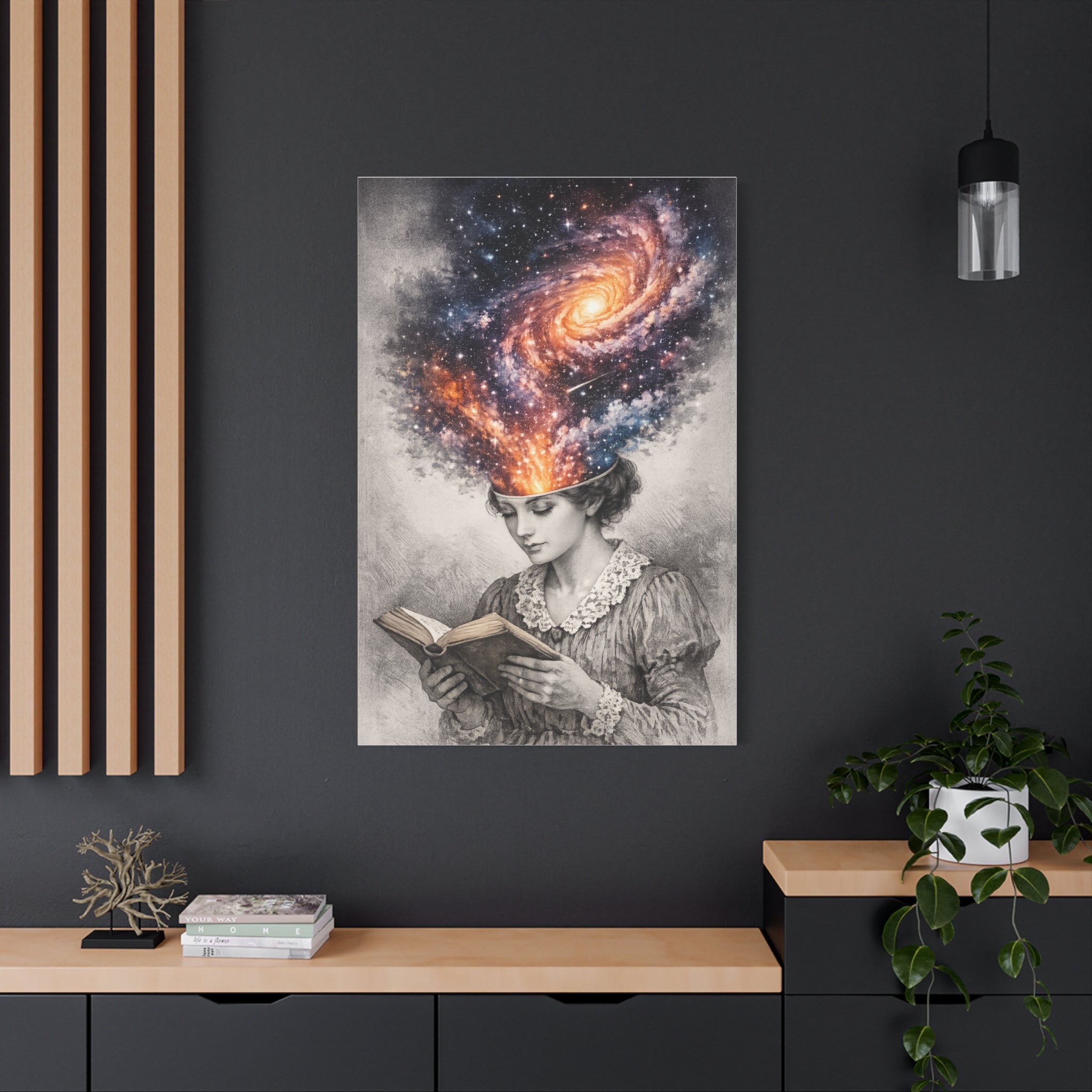 Canvas art of a vintage reader with a glowing galaxy and stars swirling from her mind above an open book.