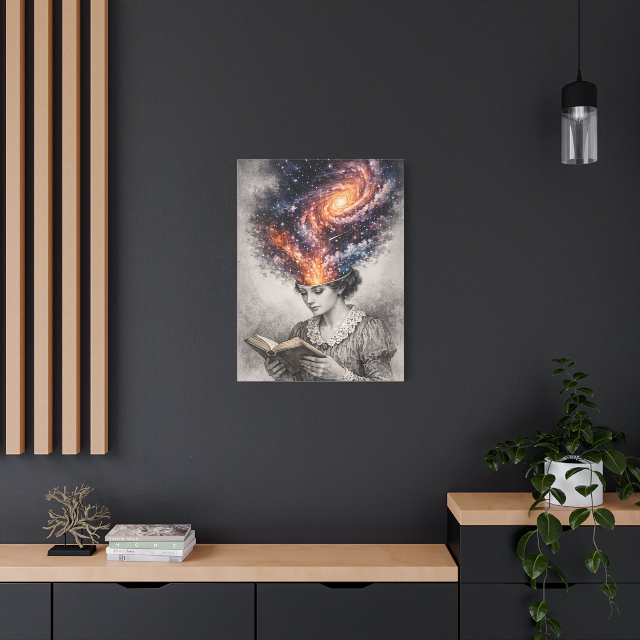 Canvas art of a vintage reader with a glowing galaxy and stars swirling from her mind above an open book.