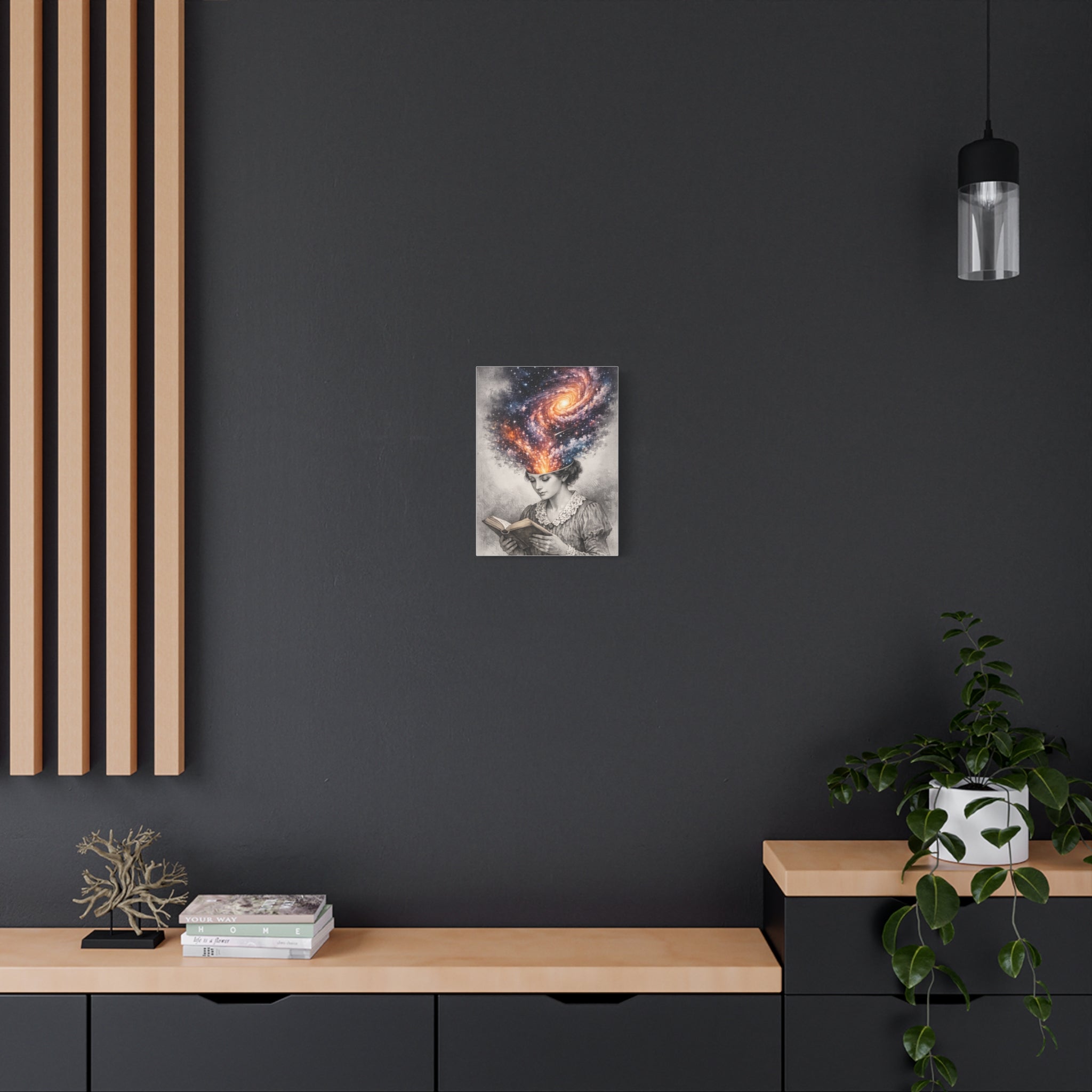 Canvas art of a vintage reader with a glowing galaxy and stars swirling from her mind above an open book.