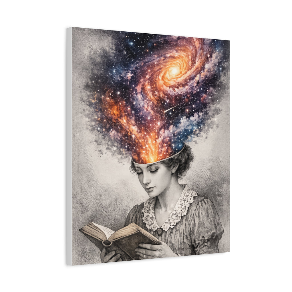 Canvas art of a vintage reader with a glowing galaxy and stars swirling from her mind above an open book.