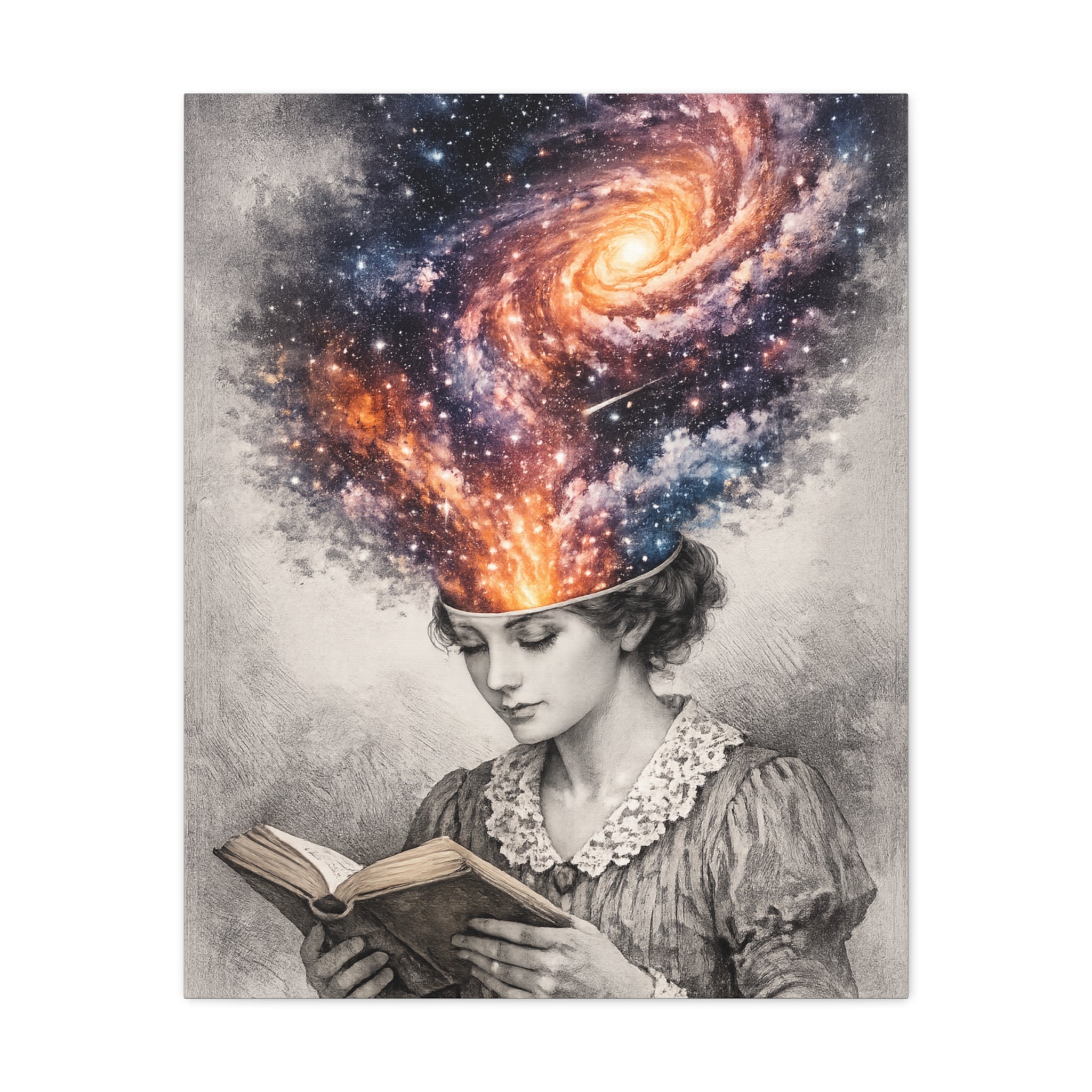 Canvas art of a vintage reader with a glowing galaxy and stars swirling from her mind above an open book.