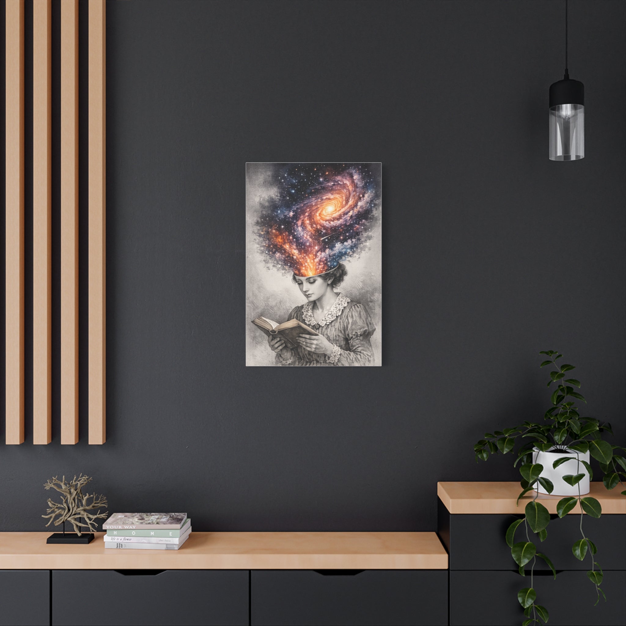 Canvas art of a vintage reader with a glowing galaxy and stars swirling from her mind above an open book.