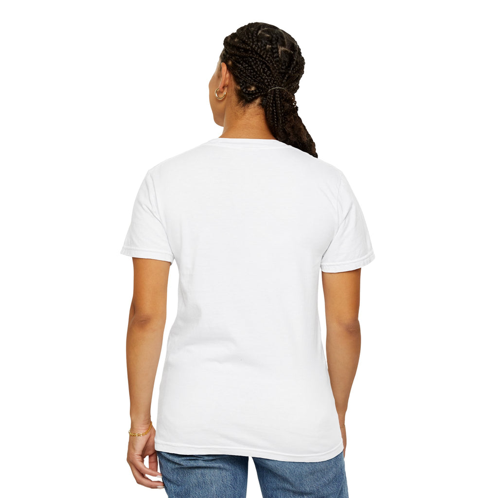 Person wearing a plain white t-shirt on a white background