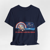 "My Summer Plans Are Booked patriotic t-shirt featuring a woman reading on a beach chair by the water with fireworks, retro rainbow, and red white blue vintage summer design."