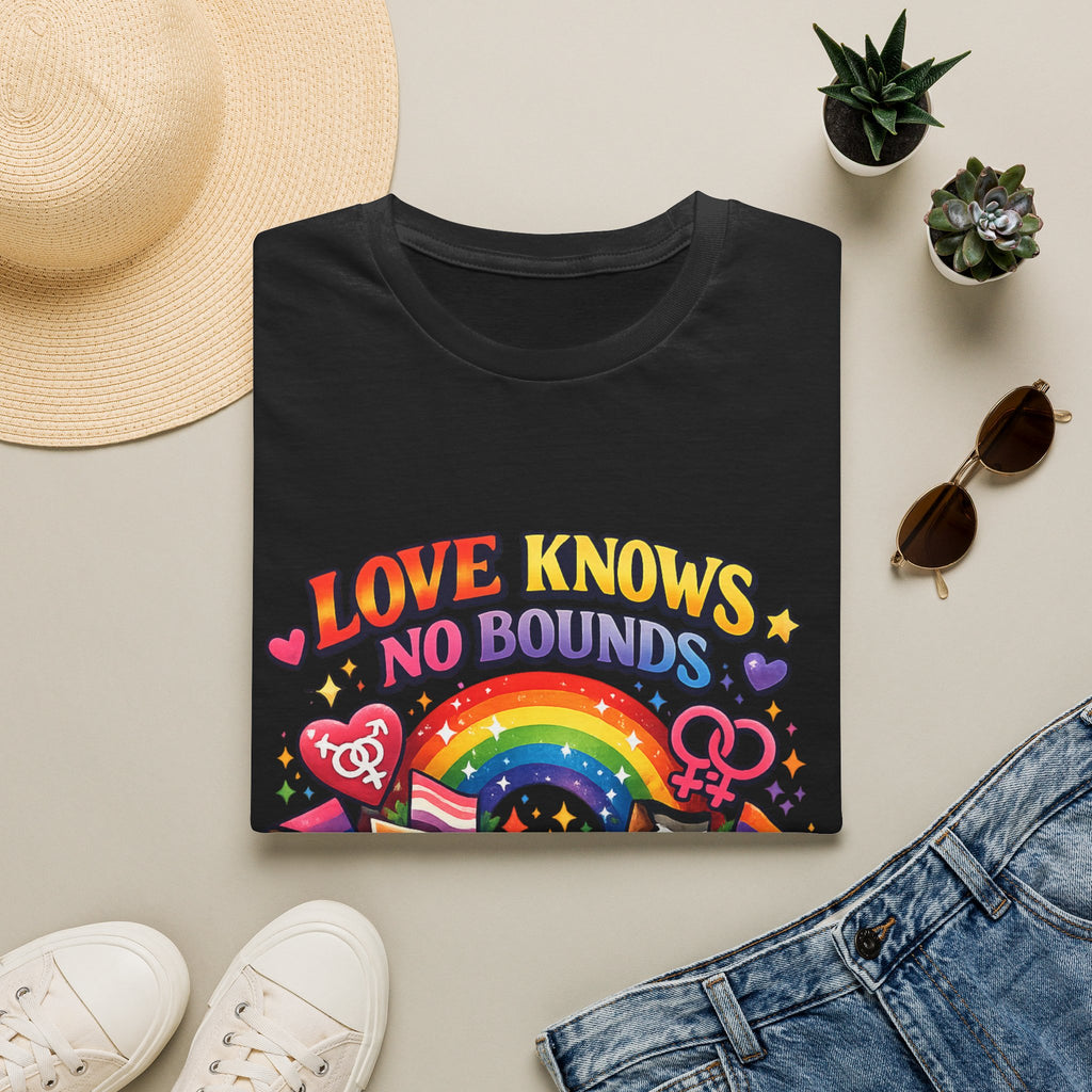 LGBTQ+ book lover tee with rainbow book, pride symbols, and "Love Knows No Bounds, Read With Pride" text.