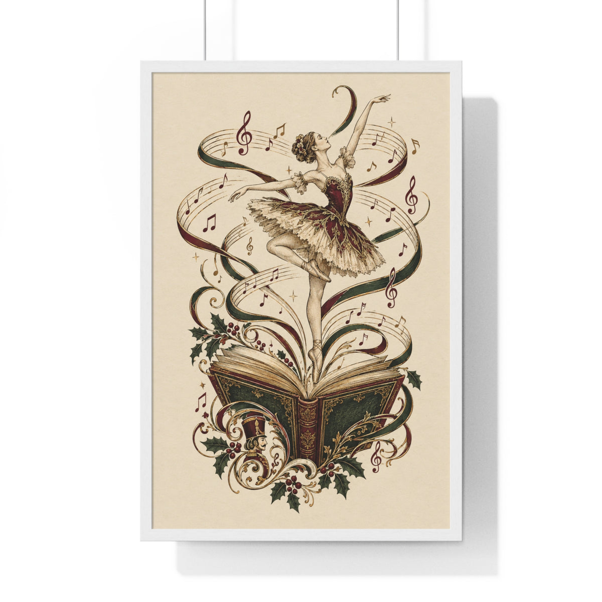 A framed vintage-style art print featuring a ballerina emerging from an open book with musical notes and treble clefs swirling around her, shown hanging against a white wall.