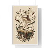 A framed vintage-style art print featuring a ballerina emerging from an open book with musical notes and treble clefs swirling around her, shown hanging against a white wall.