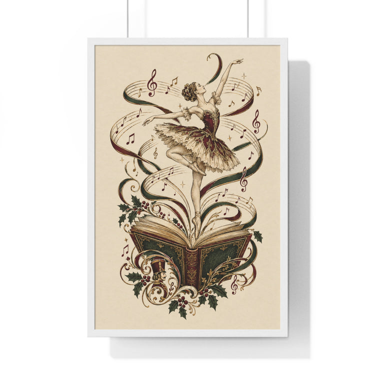 A framed vintage-style art print featuring a ballerina emerging from an open book with musical notes and treble clefs swirling around her, shown hanging against a white wall.