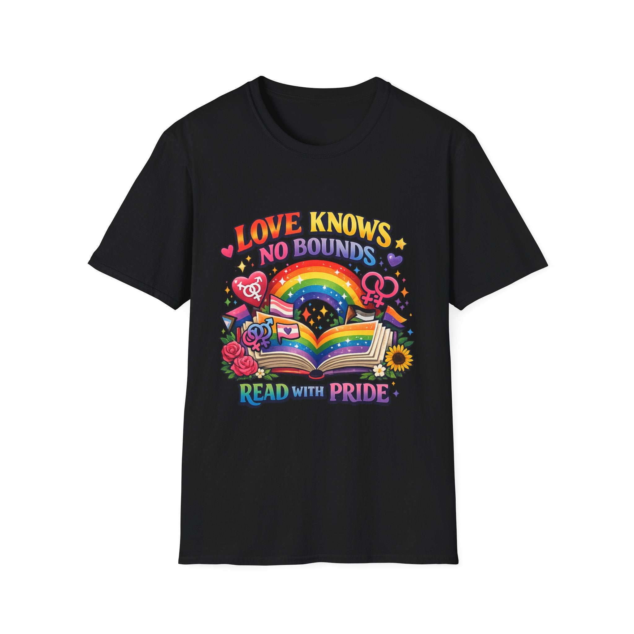 LGBTQ+ book lover tee with rainbow book, pride symbols, and "Love Knows No Bounds, Read With Pride" text.