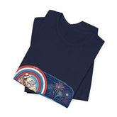 Navy blue tank top with a graphic design on a white background