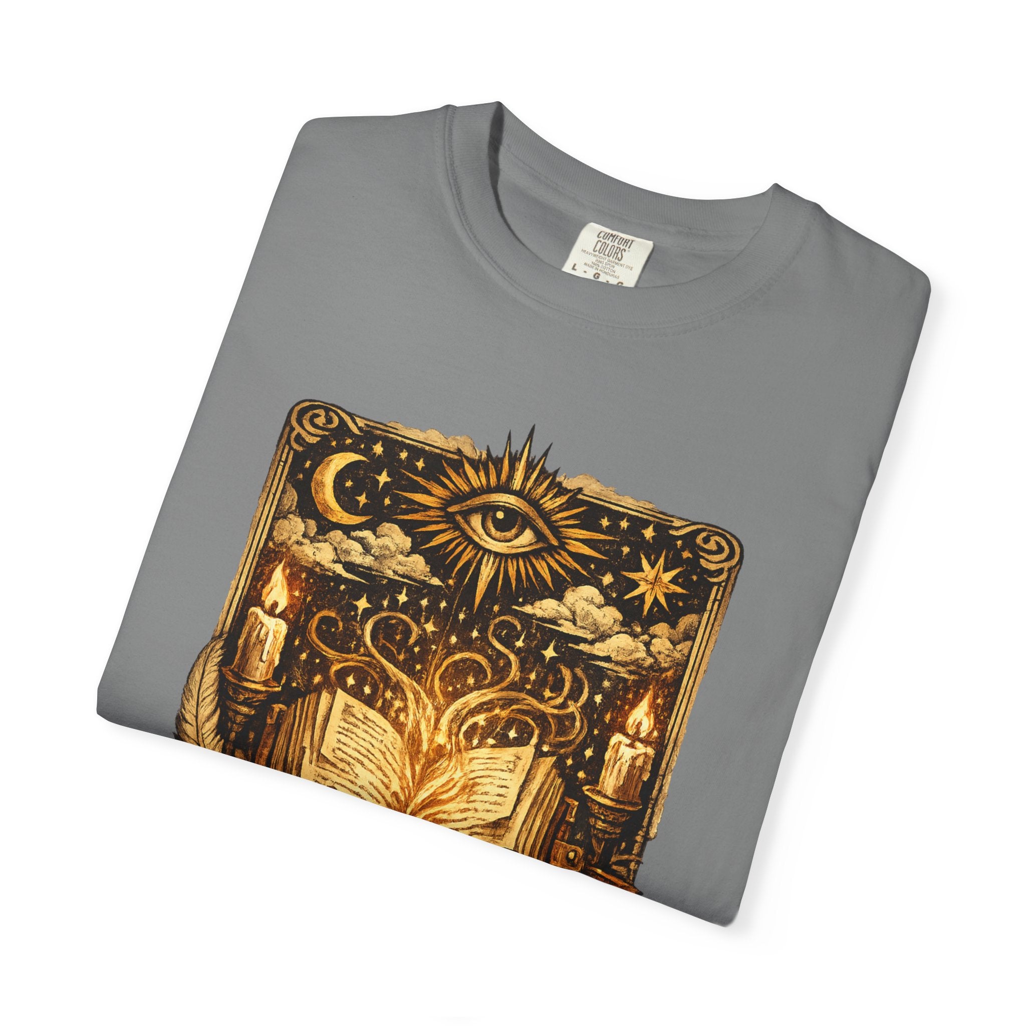 Gray t-shirt with a gold and black graphic design on a white background